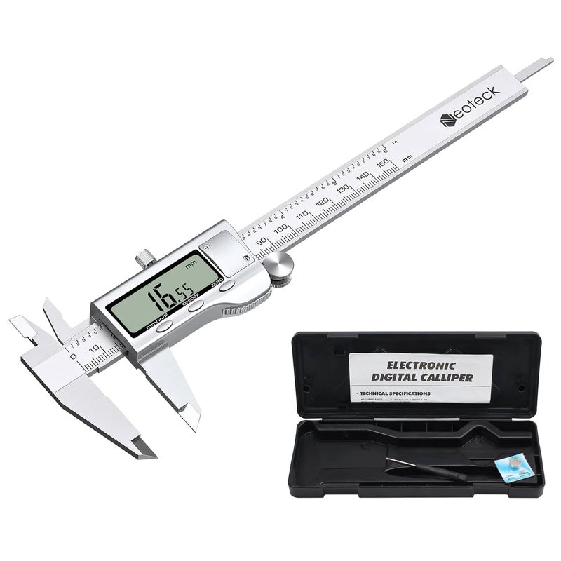 Neoteck 6 inch/150mm Digital Caliper Vernier Caliper Stainless Steel LCD Display Digital Caliper Measuring Tool with Fraction/Inch/MM Conversion Used for Inside,Outside Diameter,Depth,Step Measurement - Image 1